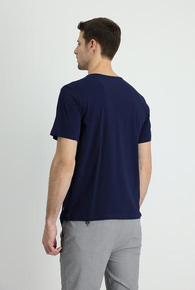 Erkek Giyim - ORTA LACİVERT L Beden V Yaka Regular Fit Nakışlı Süprem Tişört