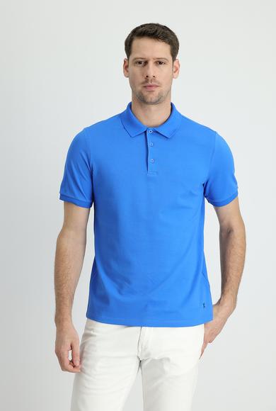 Erkek Giyim - ÇİVİT MAVİSİ L Beden Polo Yaka Regular Fit Nakışlı Tişört
