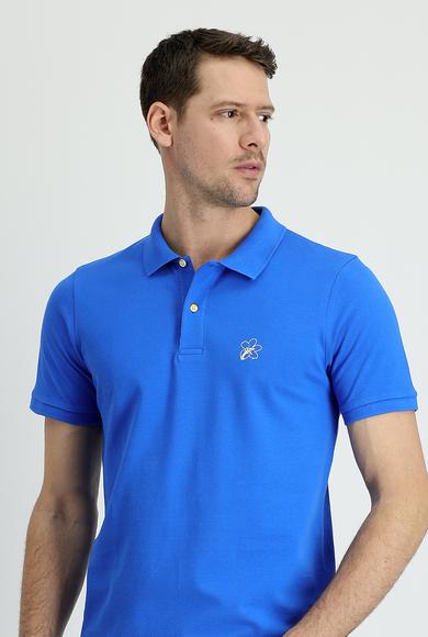 Erkek Giyim - ÇİVİT MAVİSİ S Beden Polo Yaka Slim Fit Baskılı Tişört