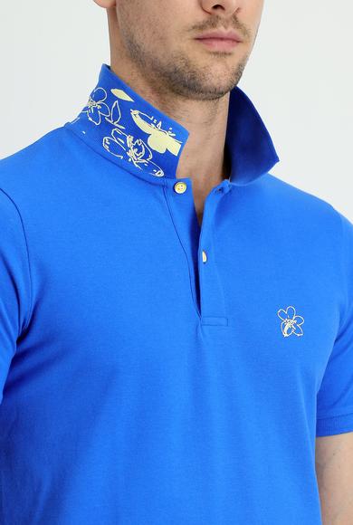 Erkek Giyim - ÇİVİT MAVİSİ S Beden Polo Yaka Slim Fit Baskılı Tişört