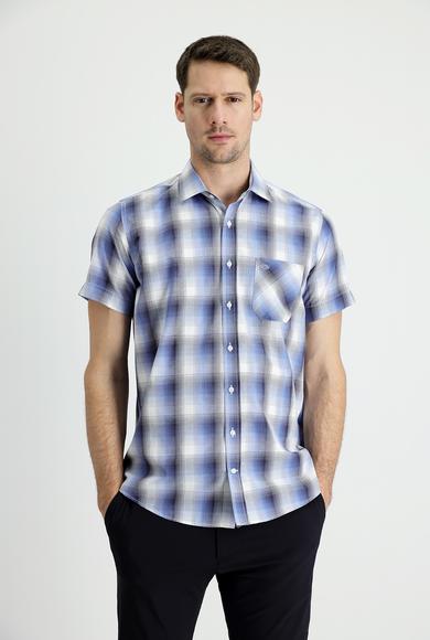 Erkek Giyim - AÇIK MAVİ XXL Beden Kısa Kol Regular Fit Ekose Gömlek