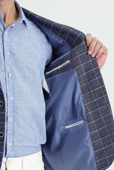 Erkek Giyim - MAVİ 48 Beden Regular Fit Ekose Ceket