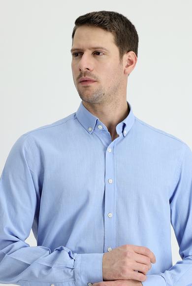 Erkek Giyim - MAVİ L Beden Uzun Kol Regular Fit Keten Görünümlü Spor Gömlek