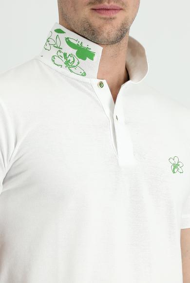 Erkek Giyim - KIRIK BEYAZ 3X Beden Polo Yaka Slim Fit Baskılı Tişört