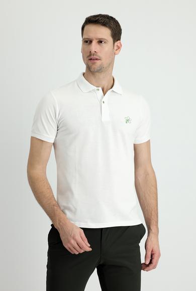 Erkek Giyim - KIRIK BEYAZ 3X Beden Polo Yaka Slim Fit Baskılı Tişört