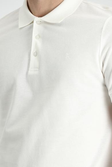 Erkek Giyim - BEYAZ L Beden Polo Yaka Slim Fit Nakışlı Tişört