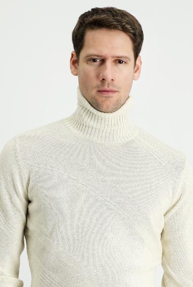 Erkek Giyim - EKRU L Beden Balıkçı Yaka Slim Fit Desenli Yünlü Triko Kazak