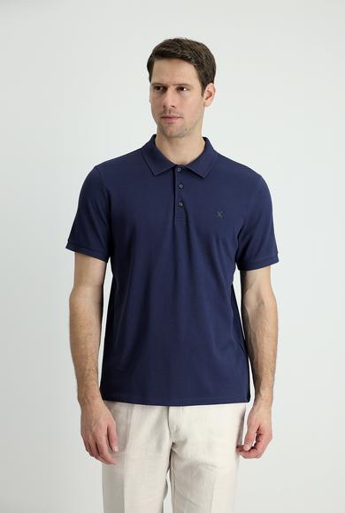 Erkek Giyim - KOYU LACİVERT 3X Beden Polo Yaka Slim Fit Nakışlı Tişört