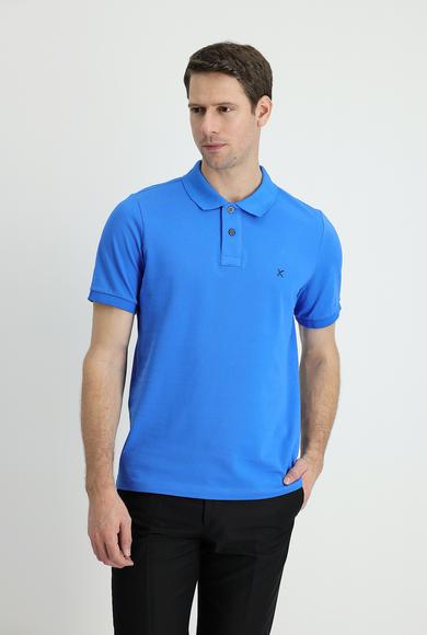 Erkek Giyim - ÇİVİT MAVİSİ L Beden Polo Yaka Slim Fit Nakışlı Tişört