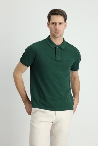 Erkek Giyim - KOYU YEŞİL XL Beden Polo Yaka Regular Fit Nakışlı Tişört