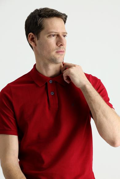 Erkek Giyim - KOYU KIRMIZI 3X Beden Polo Yaka Regular Fit Nakışlı Tişört