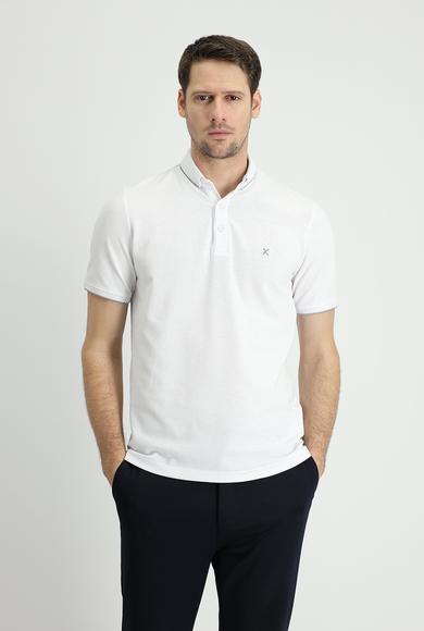 Erkek Giyim - BEYAZ 3X Beden Polo Yaka Regular Fit Desenli Tişört