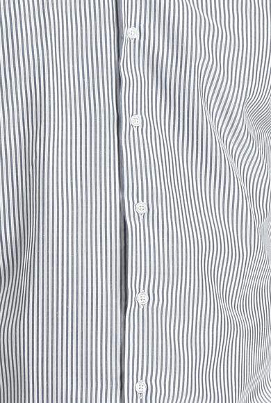 Erkek Giyim - ORTA LACİVERT XL Beden Uzun Kol Slim Fit Çizgili Gömlek