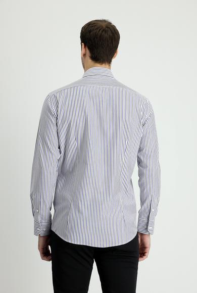 Erkek Giyim - ORTA HAKİ 3X Beden Uzun Kol Slim Fit Çizgili Gömlek