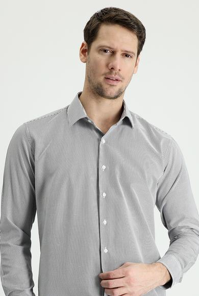 Erkek Giyim - SİYAH XL Beden Uzun Kol Slim Fit Çizgili Gömlek