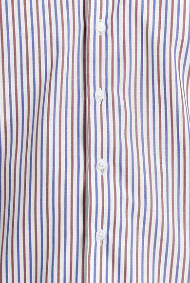 Erkek Giyim - KOYU BORDO 3X Beden Uzun Kol Slim Fit Çizgili Gömlek