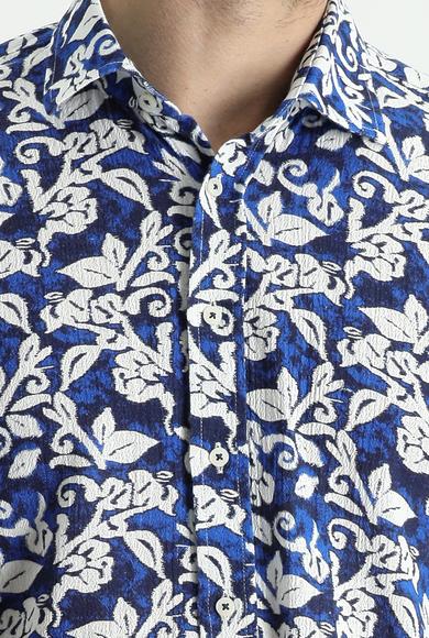 Erkek Giyim - SAKS MAVİ S Beden Uzun Kol Slim Fit Baskılı Gömlek