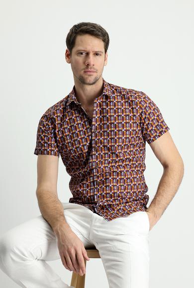 Erkek Giyim - KOYU BORDO XL Beden Kısa Kol Slim Fit Baskılı Gömlek