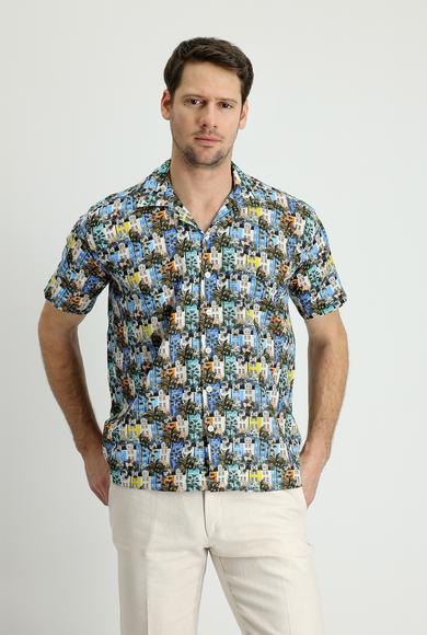 Erkek Giyim - KOYU MAVİ L Beden Kısa Kol Slim Fit Baskılı Gömlek