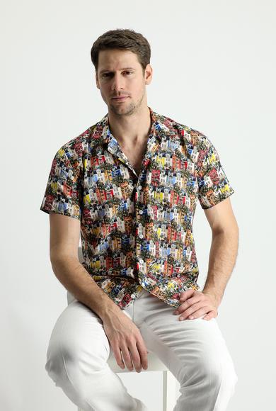 Erkek Giyim - AÇIK KIRMIZI S Beden Kısa Kol Slim Fit Baskılı Gömlek