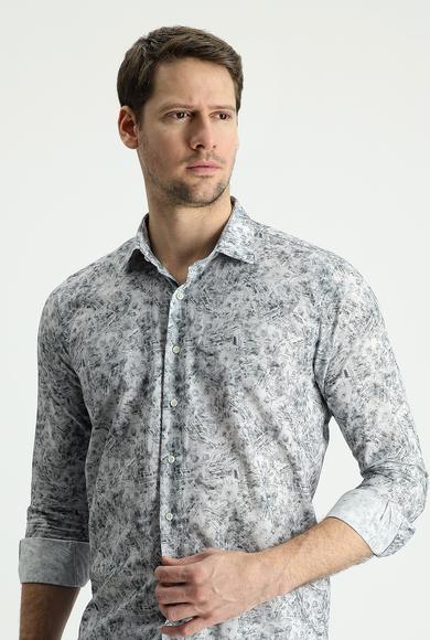 Erkek Giyim - ORTA GRİ XL Beden Uzun Kol Slim Fit Baskılı Gömlek