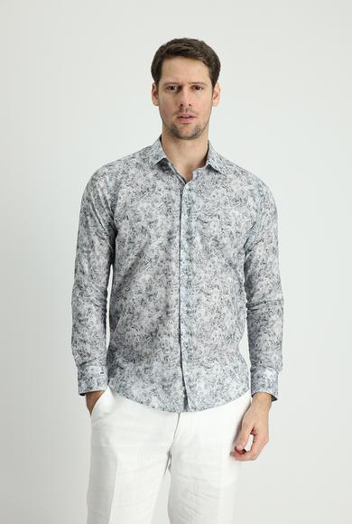 Erkek Giyim - ORTA GRİ XL Beden Uzun Kol Slim Fit Baskılı Gömlek