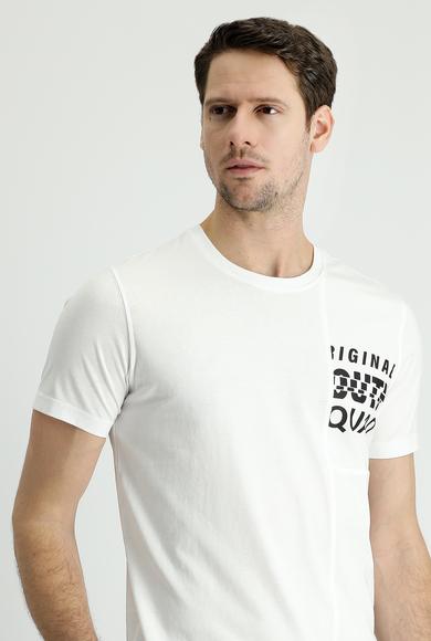 Erkek Giyim - BEYAZ L Beden Bisiklet Yaka Slim Fit Baskılı Tişört