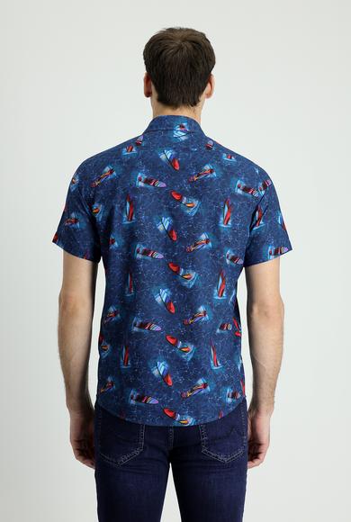 Erkek Giyim - KOYU MAVİ L Beden Kısa Kol Slim Fit Baskılı Gömlek