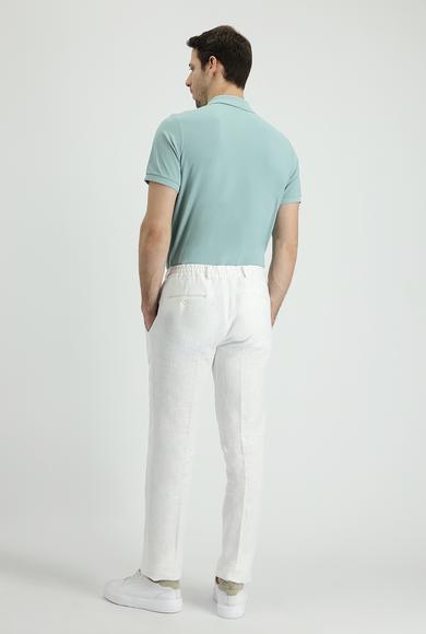 Erkek Giyim - BEYAZ 50 Beden Slim Fit Beli Lastikli İpli Klasik Keten Pantolon