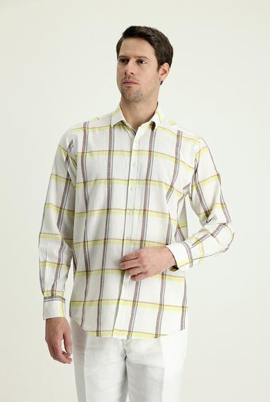 Erkek Giyim - KOYU YEŞİL 4X Beden Uzun Kol Regular Fit Ekose Keten Gömlek