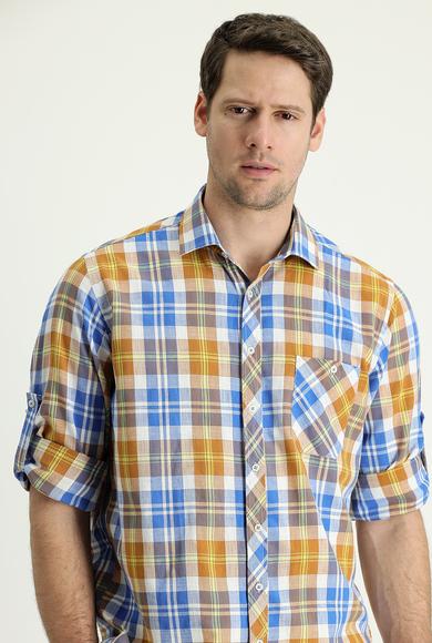 Erkek Giyim - ORTA TURUNCU 4X Beden Uzun Kol Regular Fit Ekose Keten Gömlek