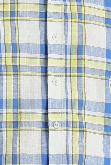 Erkek Giyim - KOYU MAVİ 4X Beden Uzun Kol Regular Fit Ekose Keten Gömlek