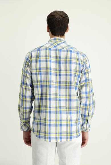 Erkek Giyim - KOYU MAVİ 4X Beden Uzun Kol Regular Fit Ekose Keten Gömlek