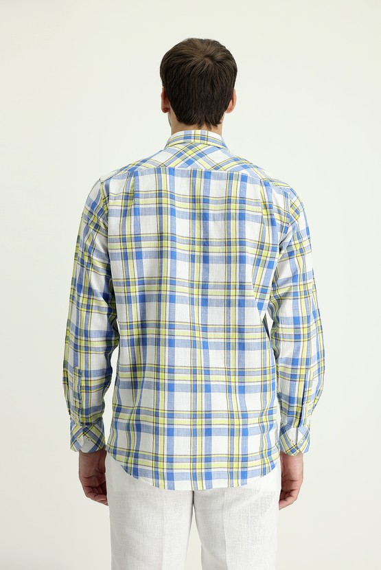 Erkek Giyim - Uzun Kol Regular Fit Ekose Keten Gömlek