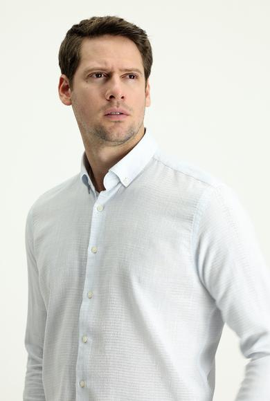 Erkek Giyim - UÇUK MAVİ S Beden Uzun Kol Slim Fit Keten Görünümlü Spor Gömlek