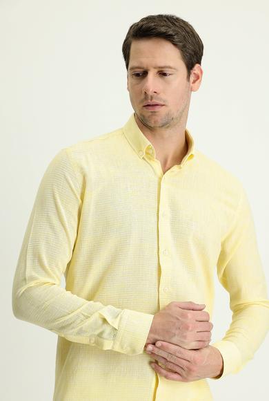 Erkek Giyim - AÇIK SARI XXL Beden Uzun Kol Slim Fit Desenli Spor Gömlek