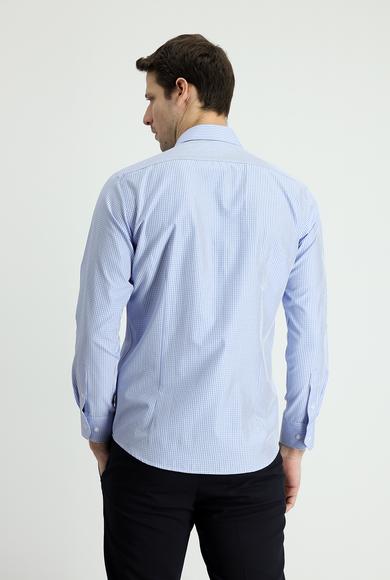 Erkek Giyim - MAVİ L Beden Uzun Kol Slim Fit Ekose Gömlek