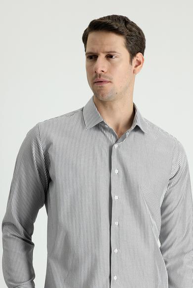 Erkek Giyim - SİYAH S Beden Uzun Kol Slim Fit Çizgili Gömlek