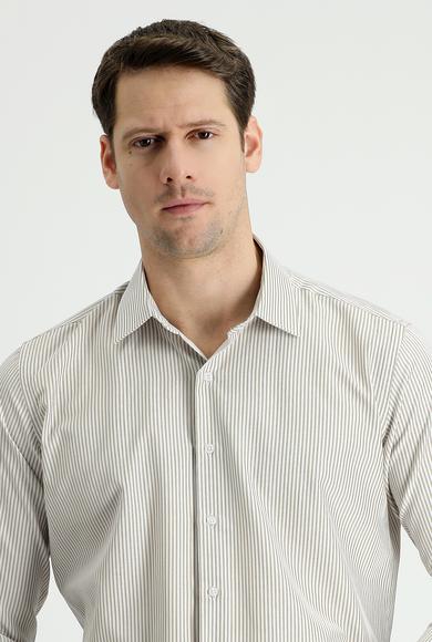 Erkek Giyim - AÇIK BEJ L Beden Uzun Kol Slim Fit Çizgili Gömlek