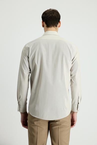 Erkek Giyim - ORTA BEJ L Beden Uzun Kol Slim Fit Klasik Çizgili Gömlek