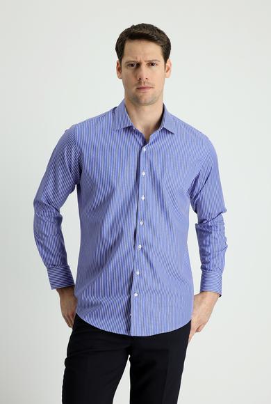 Erkek Giyim - KOYU MAVİ 3X Beden Uzun Kol Slim Fit Çizgili Gömlek