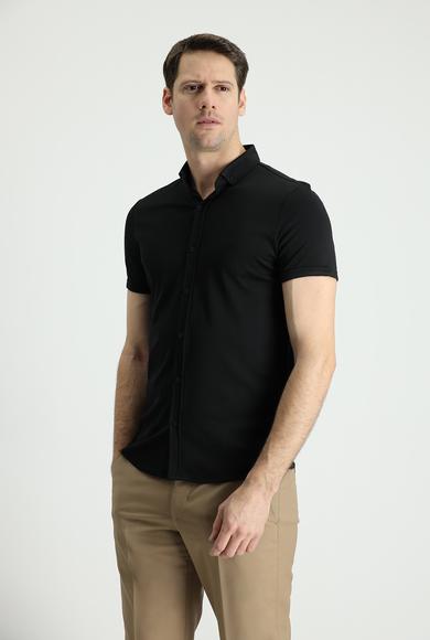 Erkek Giyim - SİYAH L Beden Polo Yaka Slim Fit Nakışlı Tişört