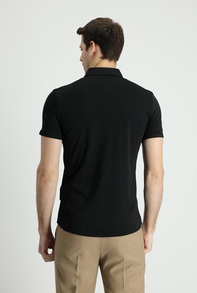 Erkek Giyim - SİYAH L Beden Polo Yaka Slim Fit Nakışlı Tişört