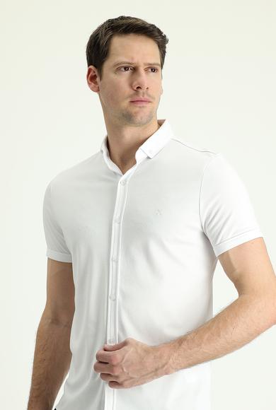 Erkek Giyim - KIRIK BEYAZ L Beden Polo Yaka Slim Fit Nakışlı Tişört