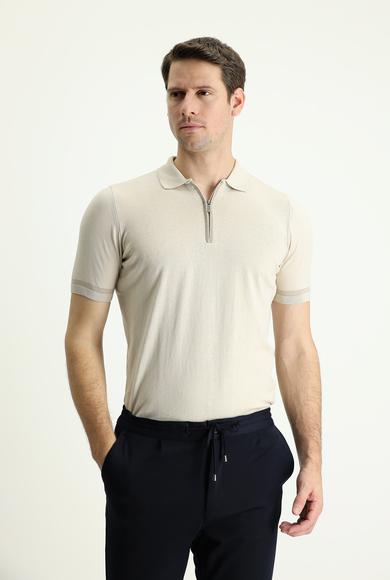 Erkek Giyim - AÇIK BEJ L Beden Polo Yaka Regular Fit Fermuarlı Tişört
