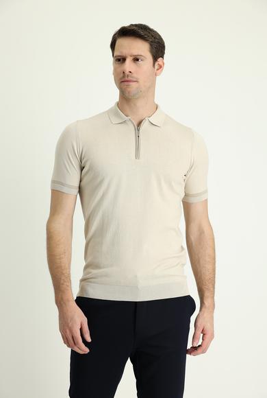 Erkek Giyim - AÇIK BEJ L Beden Polo Yaka Regular Fit Fermuarlı Tişört