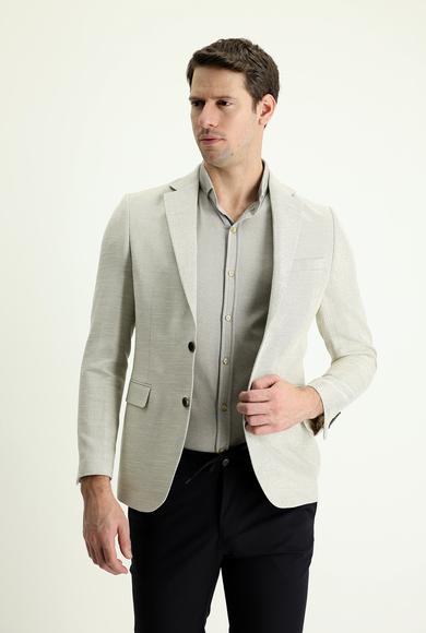 Erkek Giyim - KREM 50 Beden Slim Fit Klasik Desenli Keten Ceket