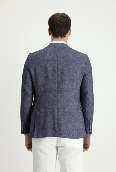 Erkek Giyim - AÇIK LACİVERT 50 Beden Slim Fit Klasik Desenli Keten Ceket