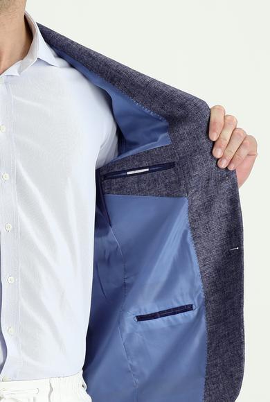 Erkek Giyim - AÇIK LACİVERT 50 Beden Slim Fit Klasik Desenli Keten Ceket