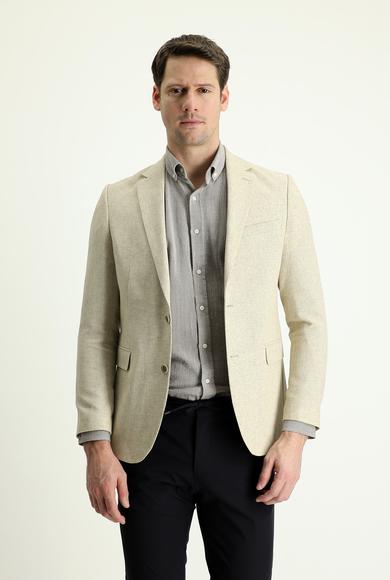 Erkek Giyim - ORTA BEJ 50 Beden Slim Fit Klasik Desenli Keten Ceket